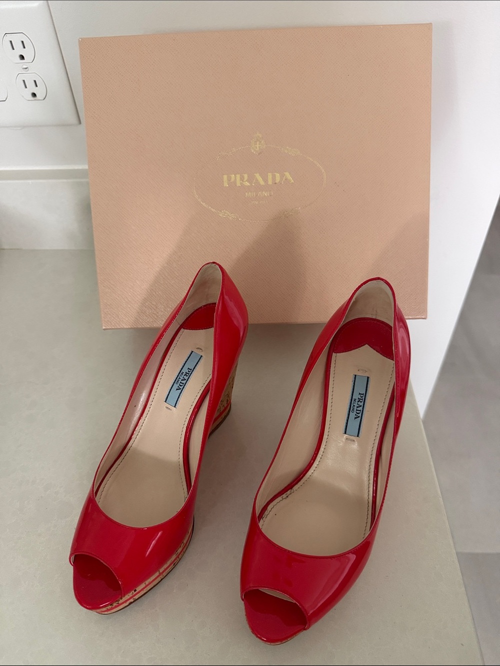 Prada Coral Patent Leather Peep-Toe cork wedge Pumps